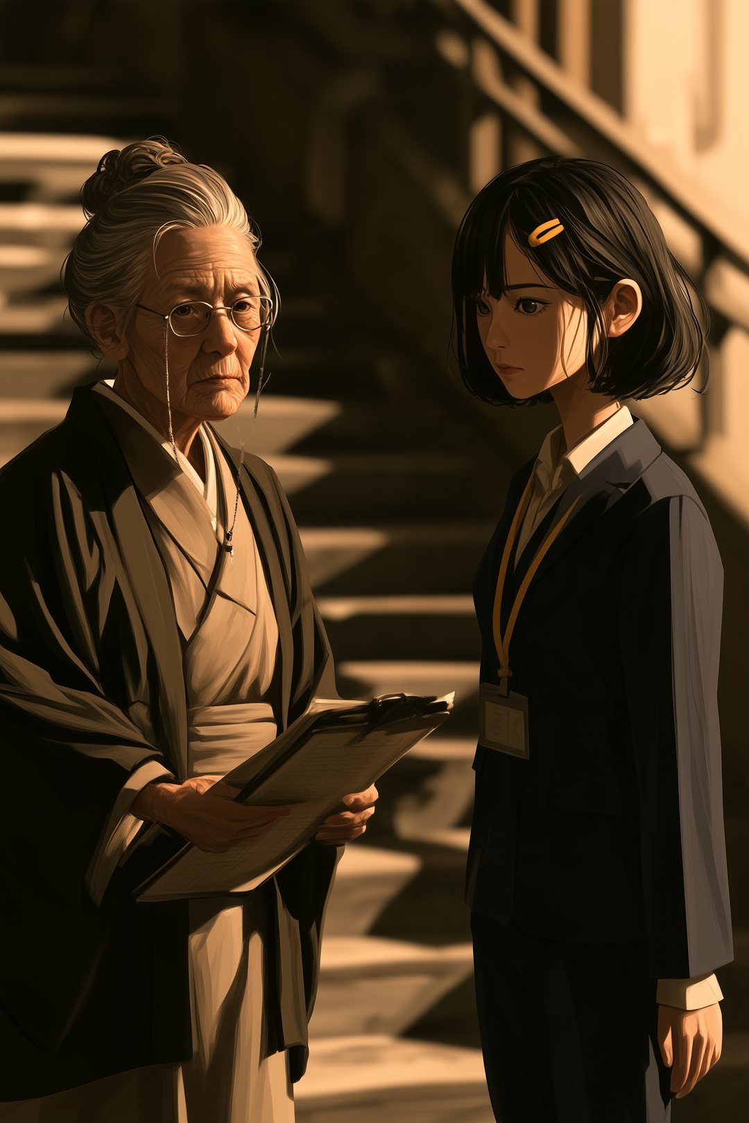 アパートの外階段。帳面を抱えた年配の大家と、竜の子を頭に乗せた若い女性が向かい合う。