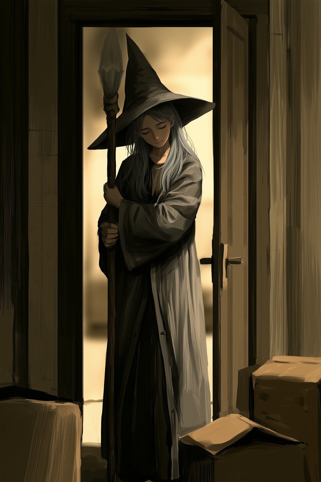 部屋の戸口で、杖を抱え、大きな帽子を目深にかぶった若い女性の魔法使い。目の下にくま。足元に荷造りの箱。