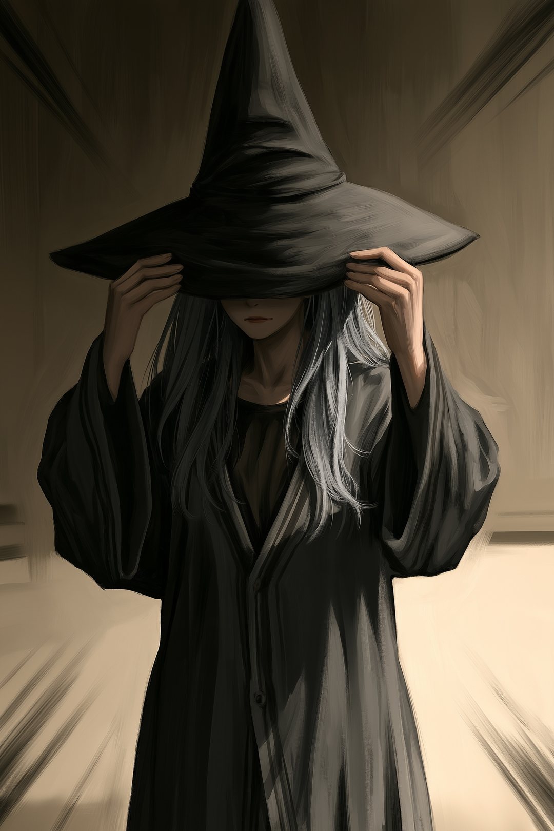 帽子のつばを両手で引き下げて顔を隠す魔法使い。少しデフォルメ。