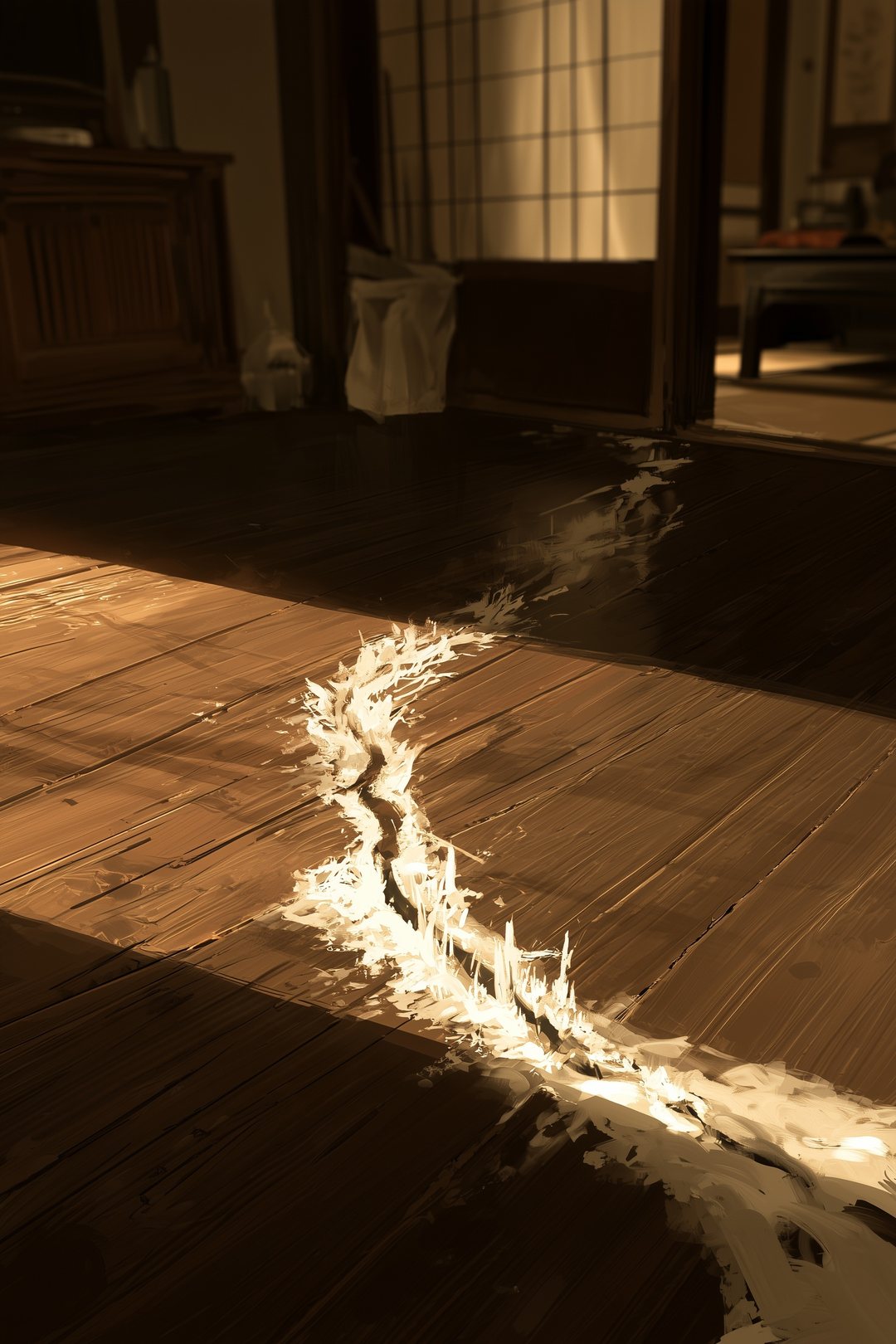 床のひびの寄り。ひびの縁に白い霜と、氷の結晶の模様。