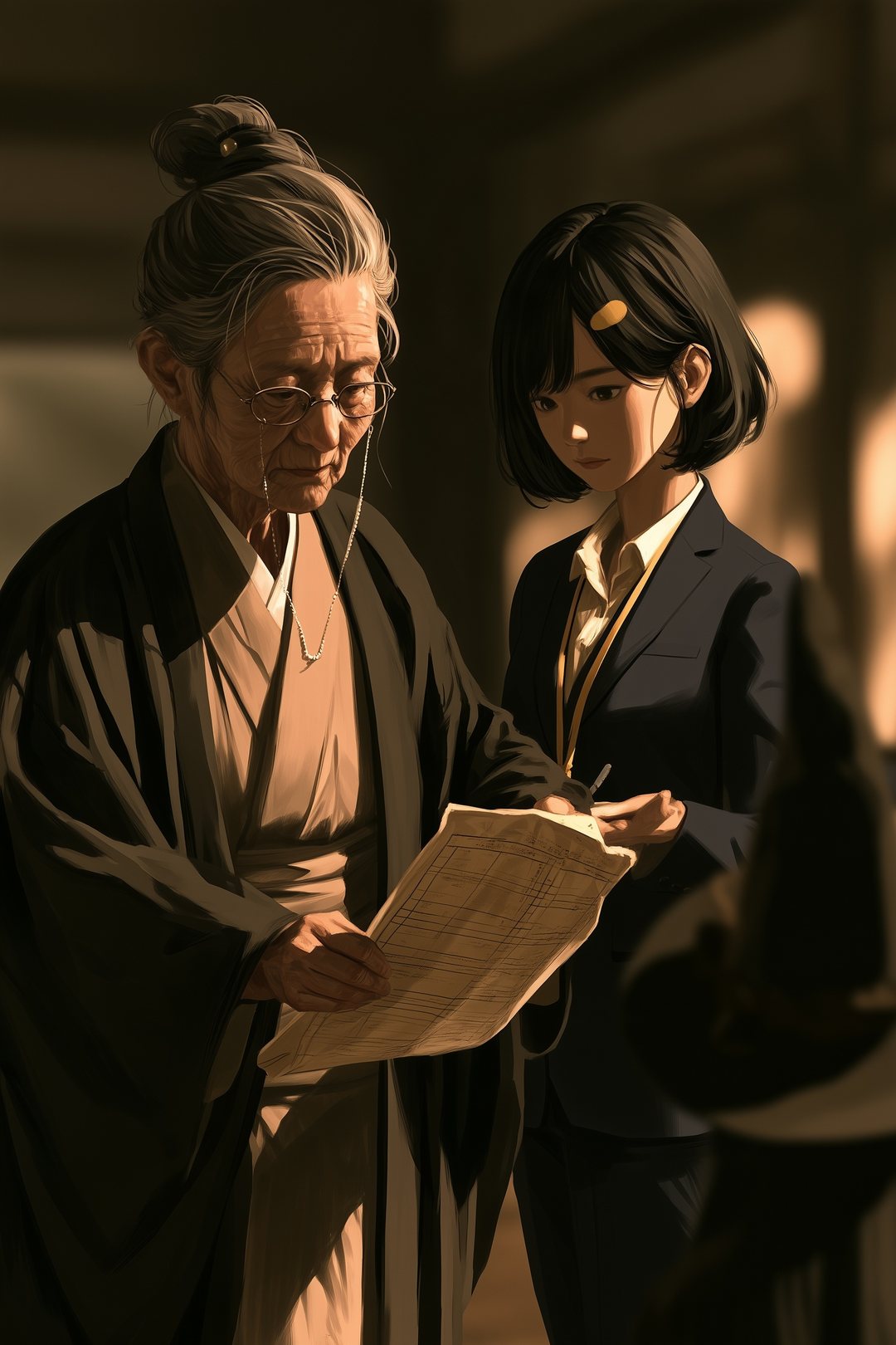 部屋の中で、古い確認リストを大家と魔法使いに見せる若い女性。大家が老眼鏡をずらして読んでいる。