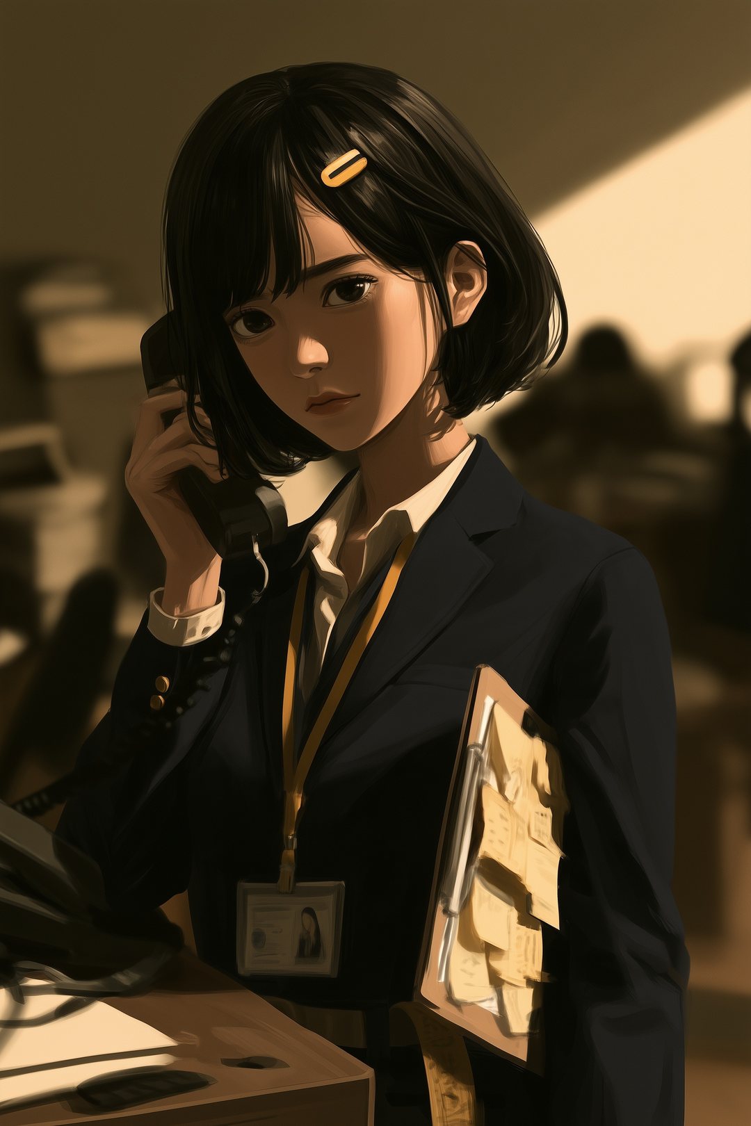 鳴る事務所の電話の受話器を取る若い女性の寄り。