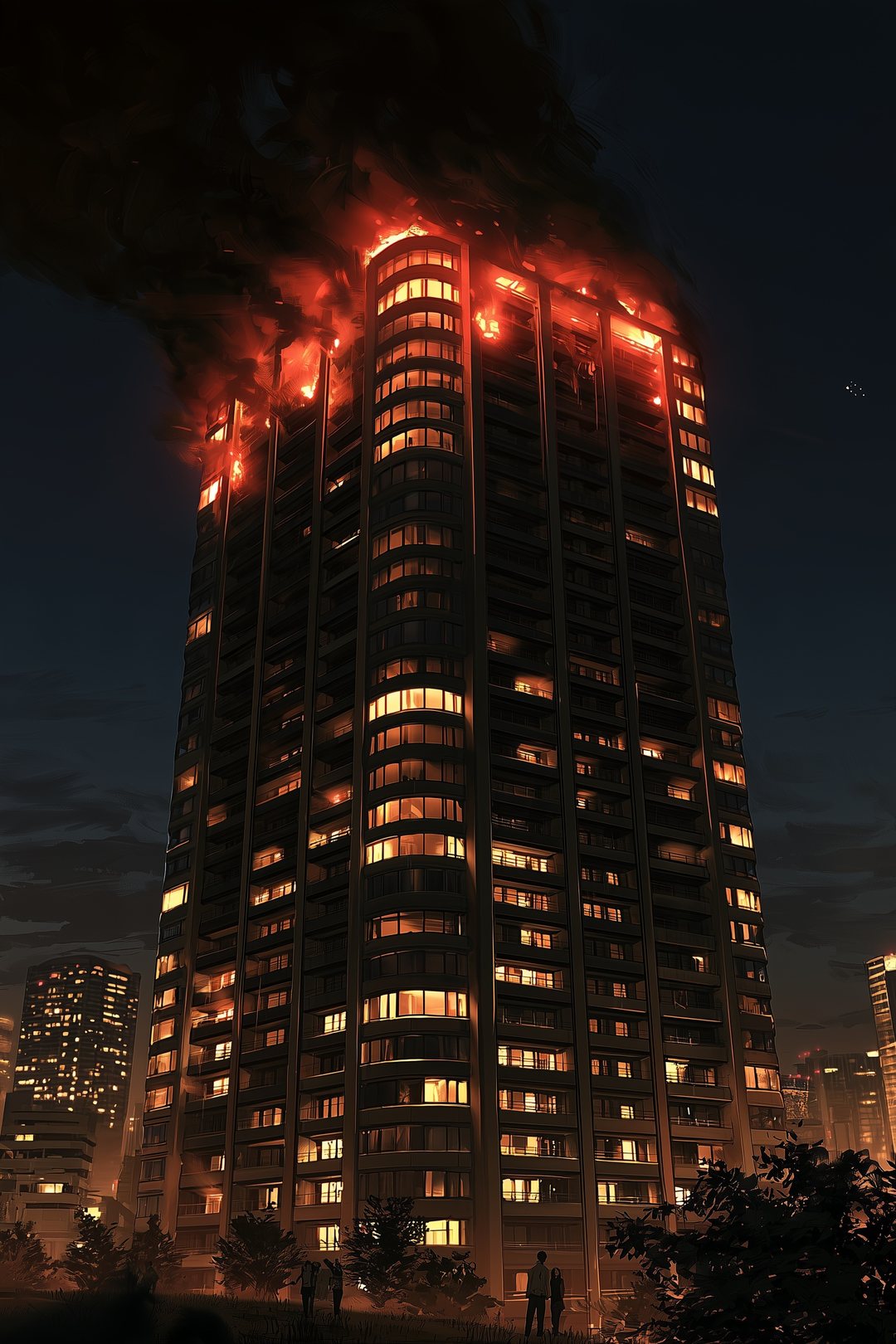 夜の東京の空に立つ30階建てのタワーマンション。最上階の窓という窓から、赤い光と黒い煙があふれている。