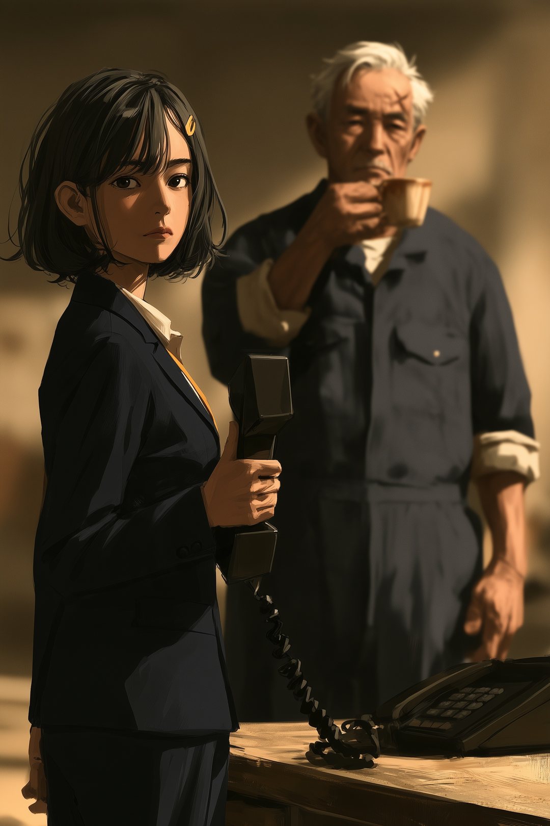 受話器を持ったまま振り返る若い女性。うしろで、湯のみを持つ手を止めて固まる職人の男。