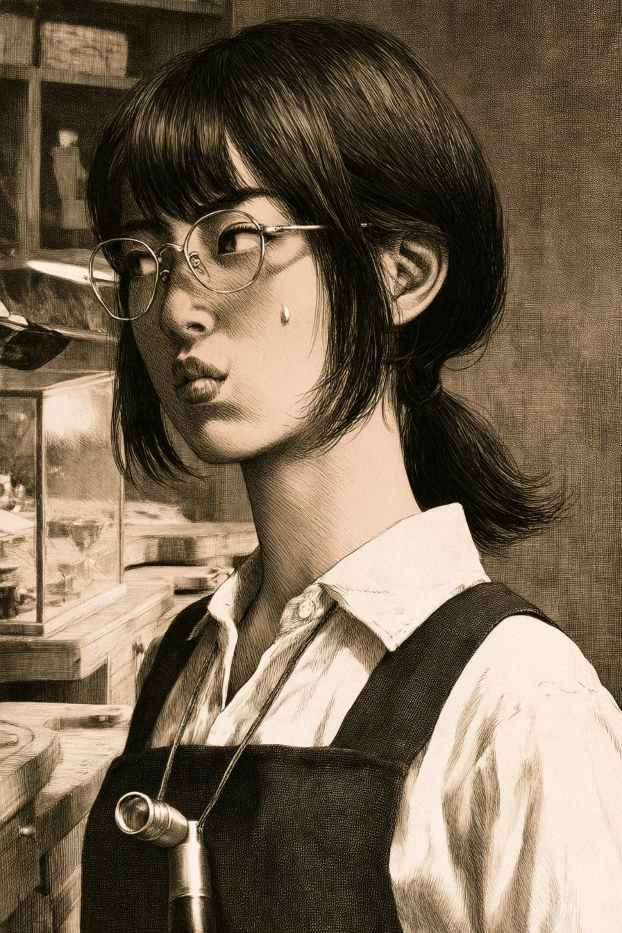 若い女性の店員の寄り。首から片目のルーペを下げたまま、目を泳がせて汗をかいている。