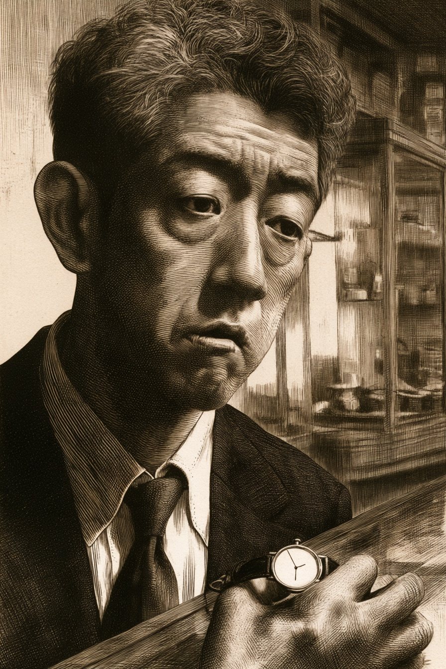背広の50代の男性の寄り。驚いた顔のまま、手の中の時計に目を落とす。