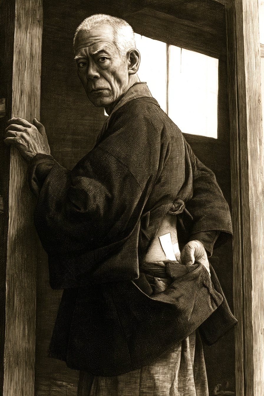 帳場の奥の戸口に、紺の半纏の老人が柱に手をついて立つ。もう片方の手は腰。目だけが鋭い。
