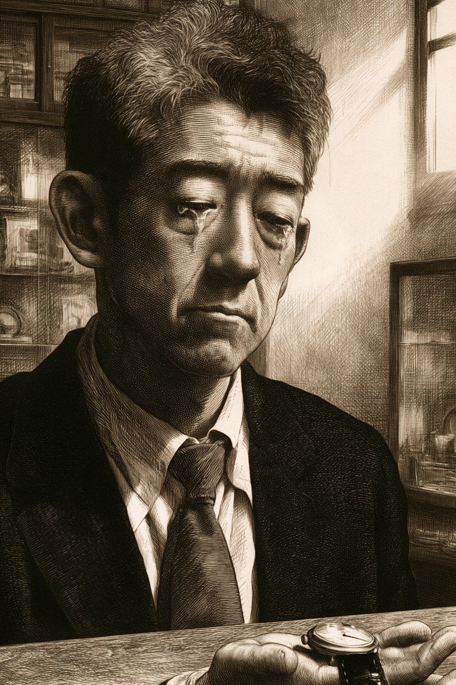 背広の男性の寄り。肩の力が抜け、目に涙がにじむ。手のひらの時計を見ている。