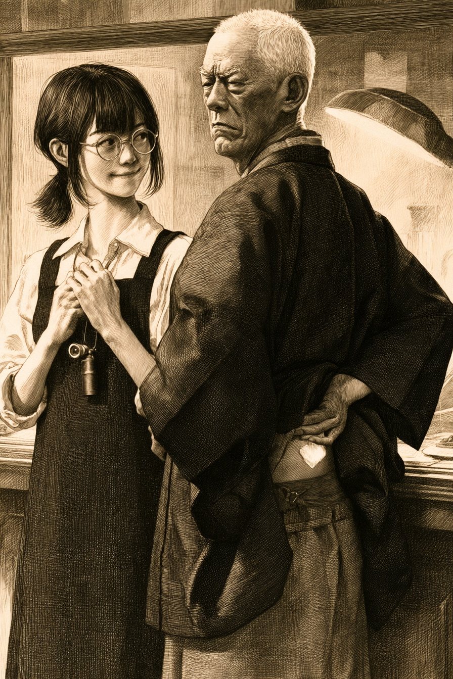 帳場。左で、すずが胸の前で両手を握って照れ笑いする。右で、老人が胸を張ろうとして、腰を押さえて顔をしかめる。