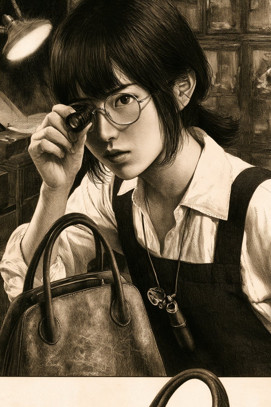 ルーペを片目に当てたすずが、バッグの角に顔を近づける。すれて白くなった革の角。手前に大きく、黒ずんだ革の持ち手。持ち手が絵の枠の下の線を越えて手前へ出る。