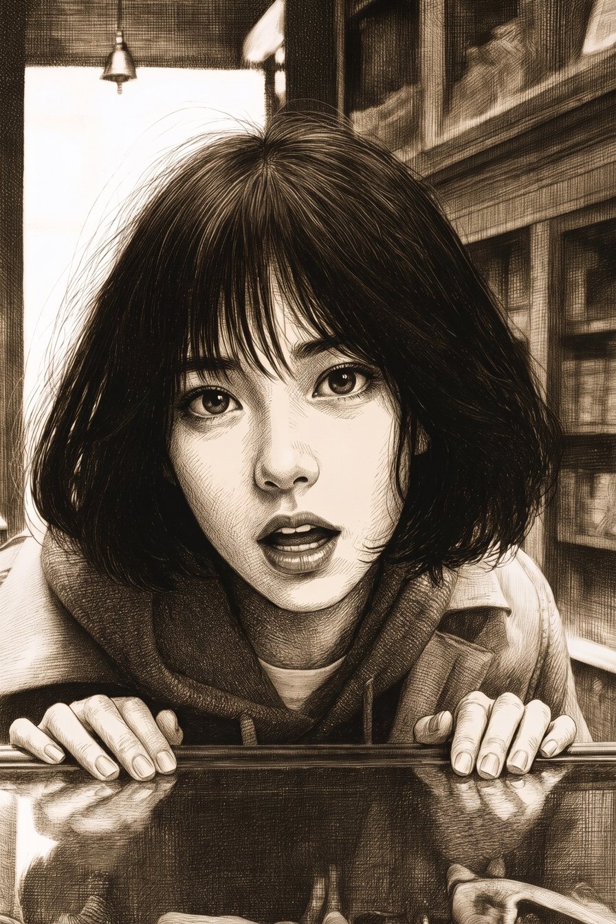 女子学生の寄り。両手をガラスのケースについて身を乗り出し、すがるような目ですずを見る。