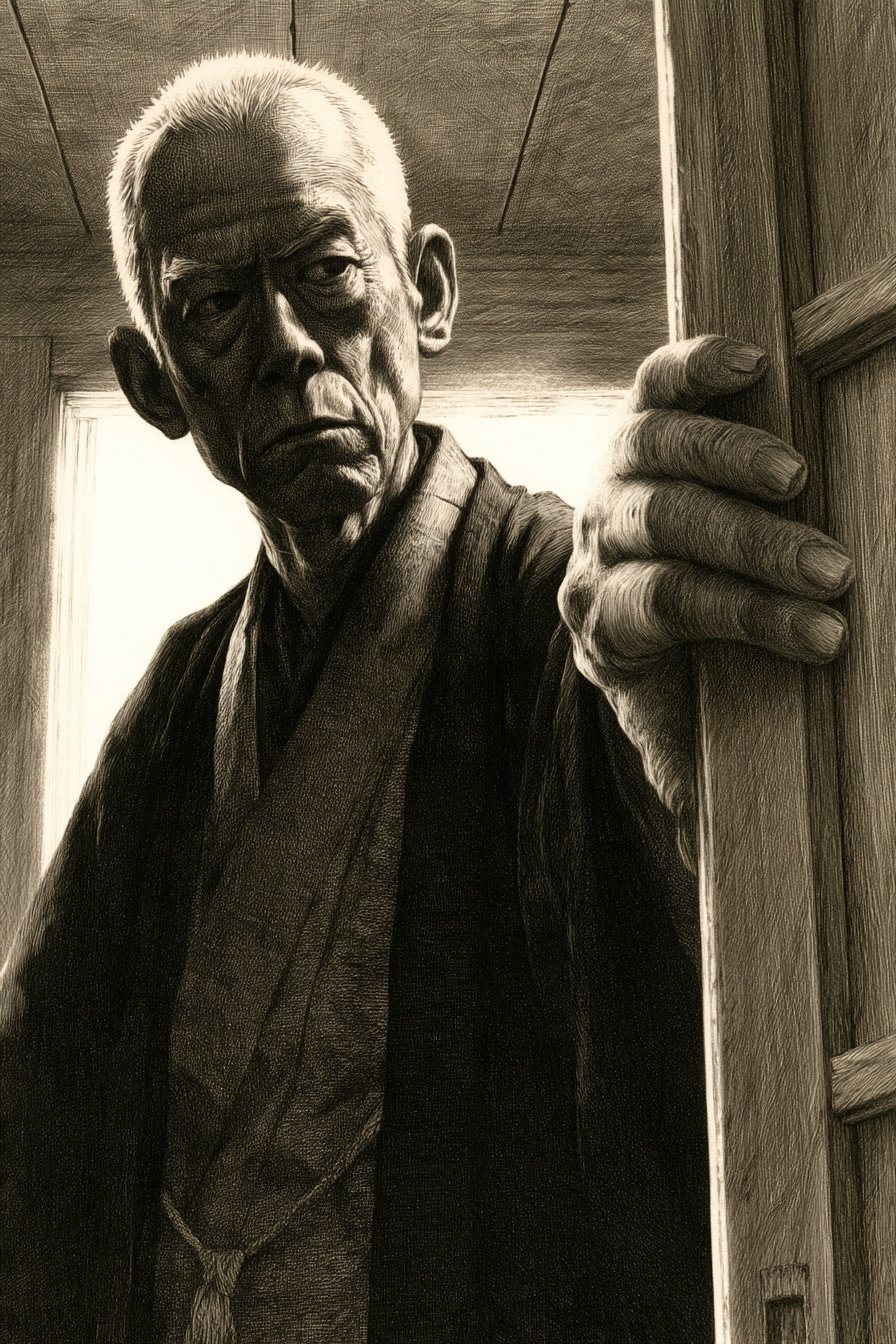 帳場の奥の戸口で、紺の半纏の老人が柱に手を掛けて身を乗り出す。下から見上げる角度。背後の窓の白い光の中、眉を寄せた鋭い目がこちらを見下ろす。