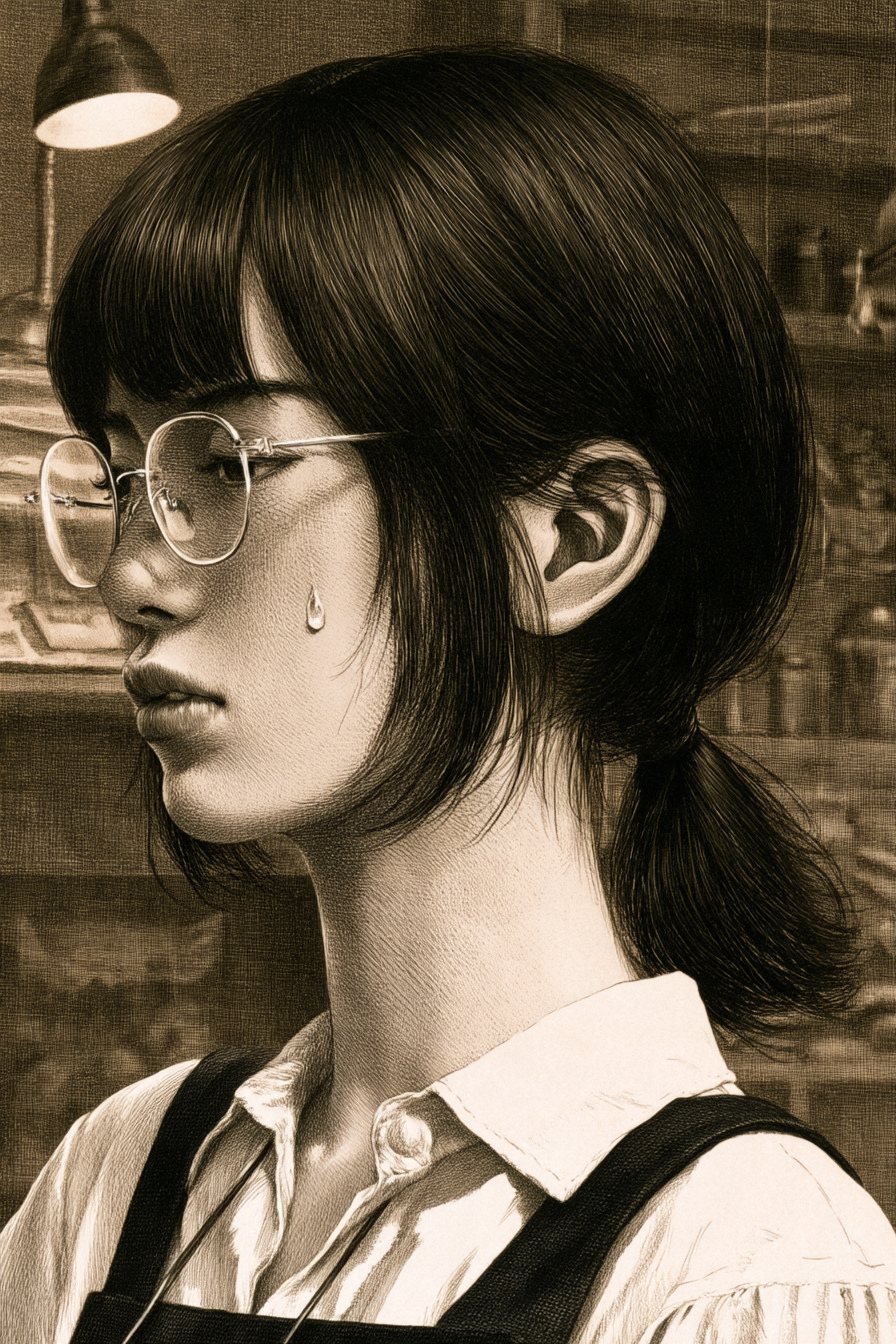 すずの横顔の寄り。こめかみに汗が1粒、眼鏡の奥で目を伏せる。