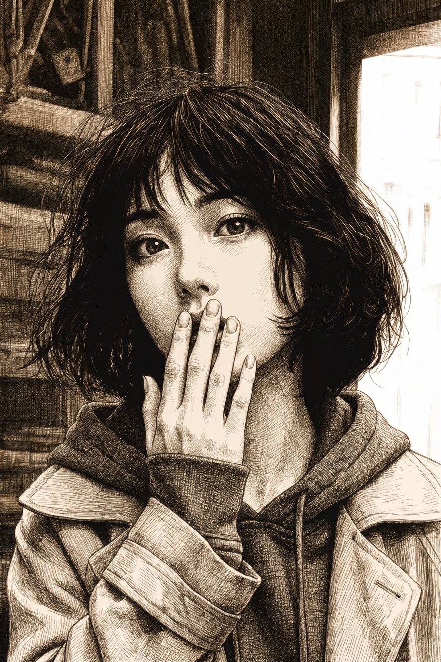 女子学生の寄り。片手で口元を押さえ、目を見開く。窓の白い光が横から当たる。