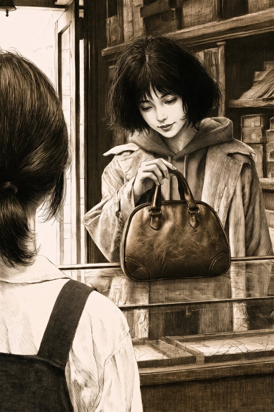 すずの肩越しに、ガラスのケースの向こうの女子学生。うつむいて、バッグの持ち手を指でなぞる。昼の窓の白い光。