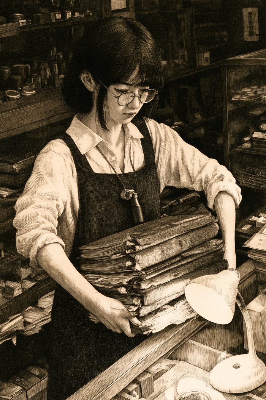 閉店の後の帳場。電気スタンドのそばで、すずが棚から古い帳面の束を両腕で抱えて下ろす。背表紙の字は読めない細い線。