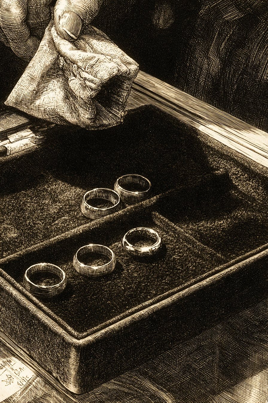帳場の黒い布の盆に、金色の指輪が5つ並ぶ。上から、小さな巾着を傾ける女性の手。