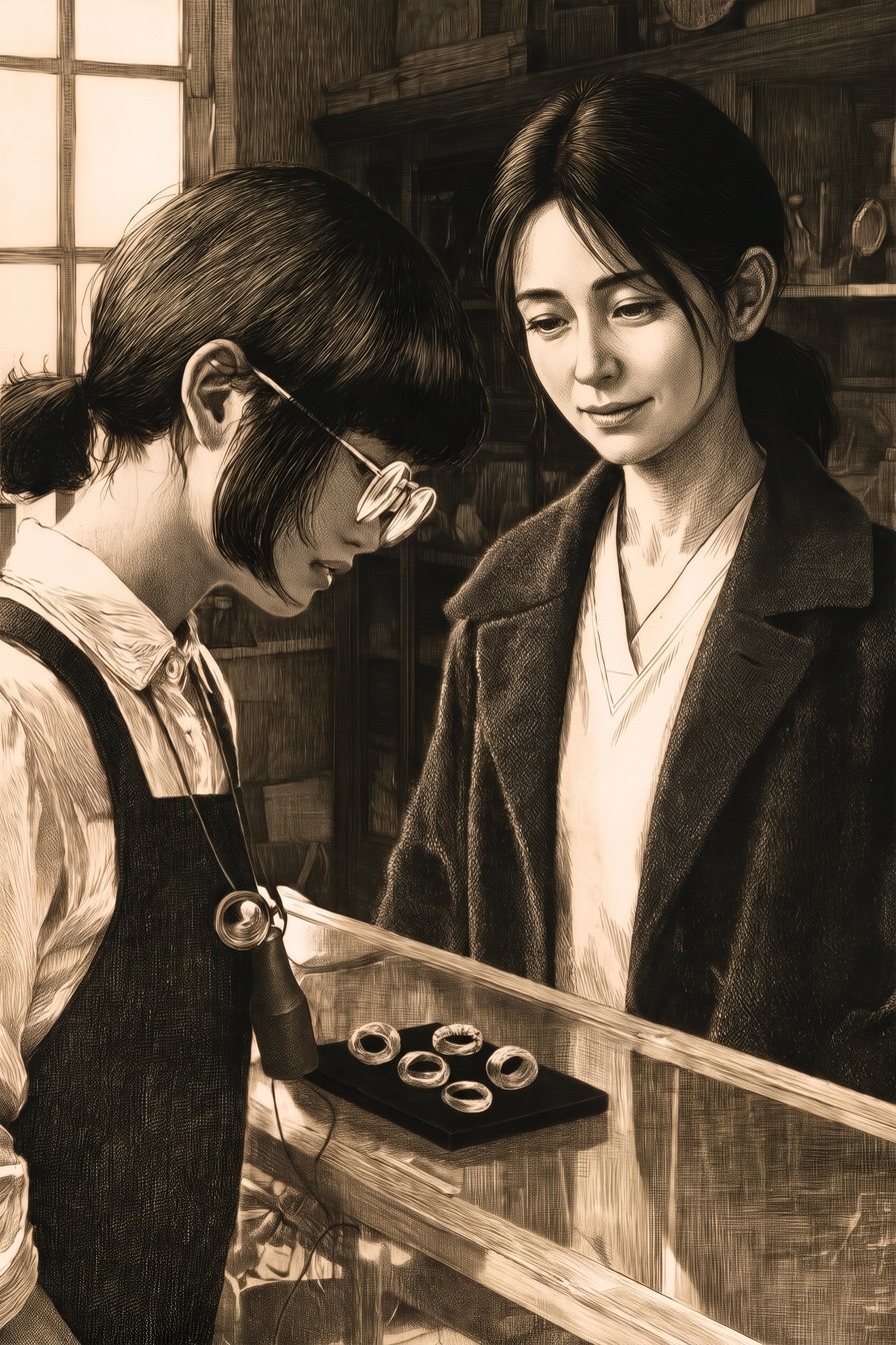 帳場のガラスのケースをはさみ、右に、紺のコートの襟元から看護師の白い上着がのぞく30代の女性。疲れた顔で少し笑う。左で、すずが盆の指輪に身を乗り出す。