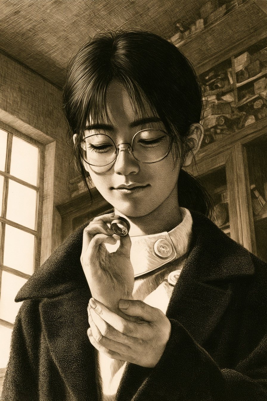 女性の寄り。目を伏せ、すり減った4番の指輪を指先でつまんで見つめる。下から見上げる角度。