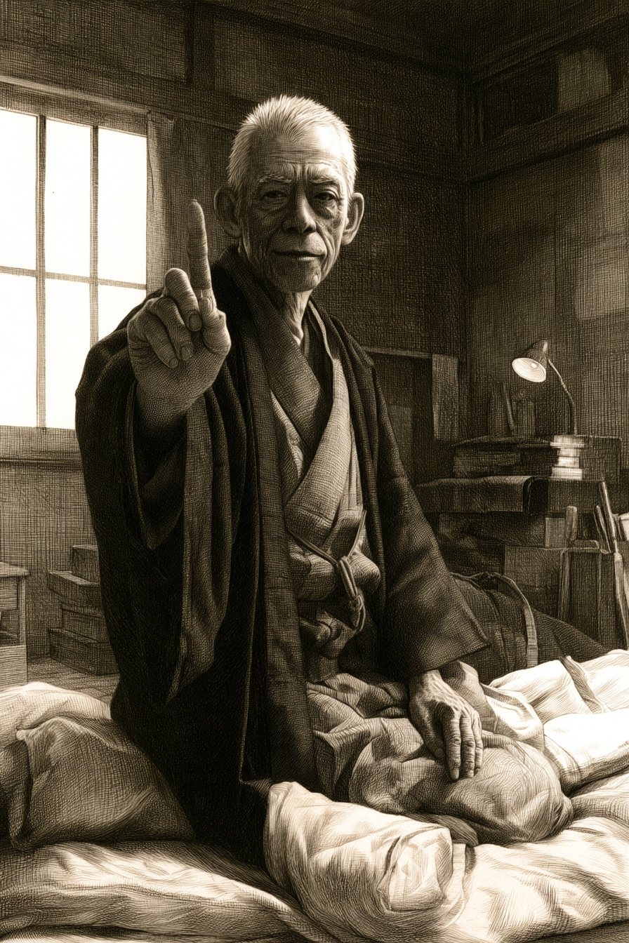 帳場の奥の畳の部屋。布団から半身を起こした白髪の老人が、こちらへ指を1本立てる。下から見上げる角度。窓の白い光。