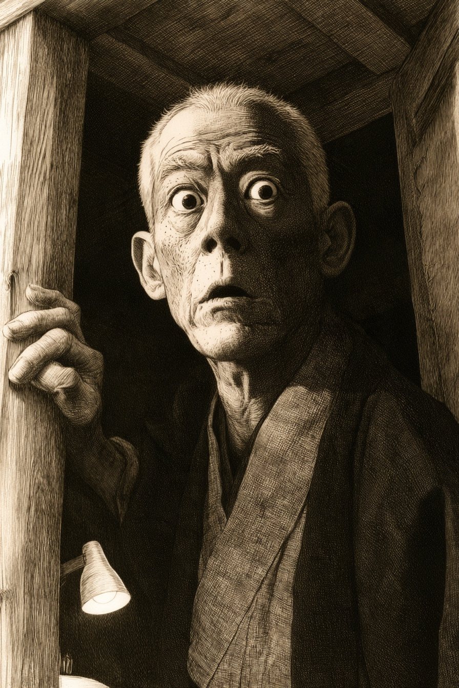 暗い帳場の奥の戸口で、紺の半纏の老人が柱をつかみ、目を見開く。下から見上げる角度。電気スタンドの光が顔の半分だけを照らす。