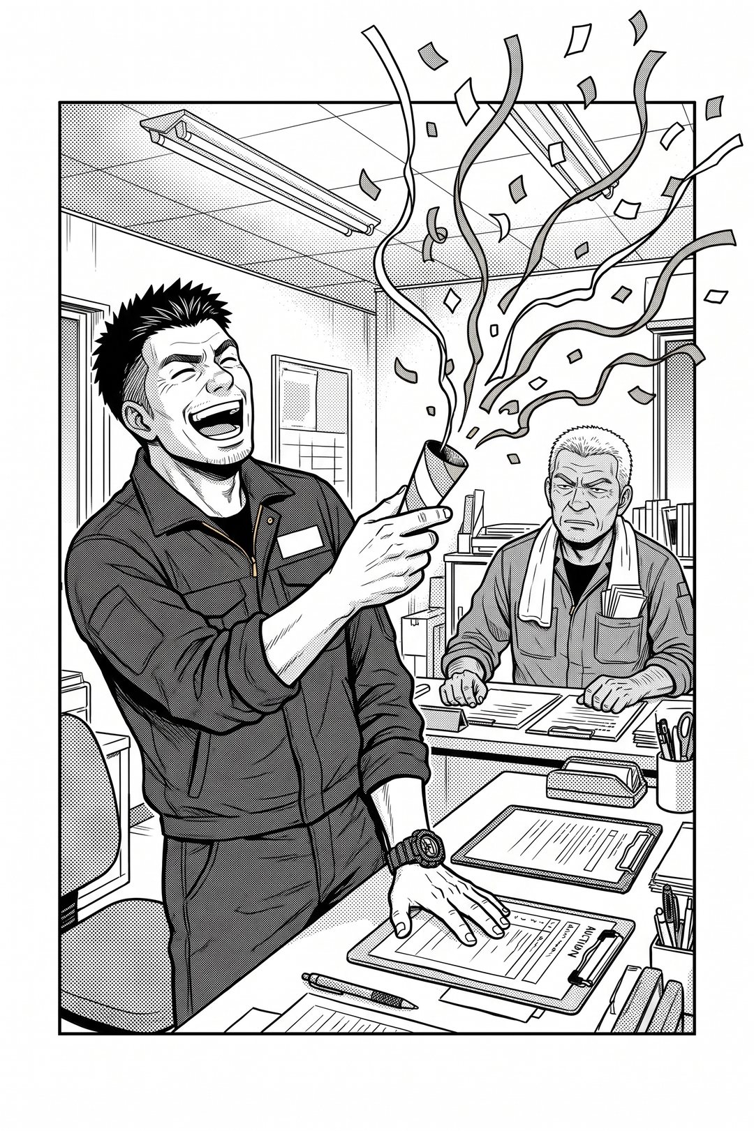 机の横から身を乗り出して笑う、日焼けした40代の男性。胸に白い名札の付いた、紺の作業ジャンパー。手のクラッカーから出た紙吹雪が、絵の枠の上の線を越えて舞い上がっている。奥の机で、作業着の年配の男性があきれ顔。