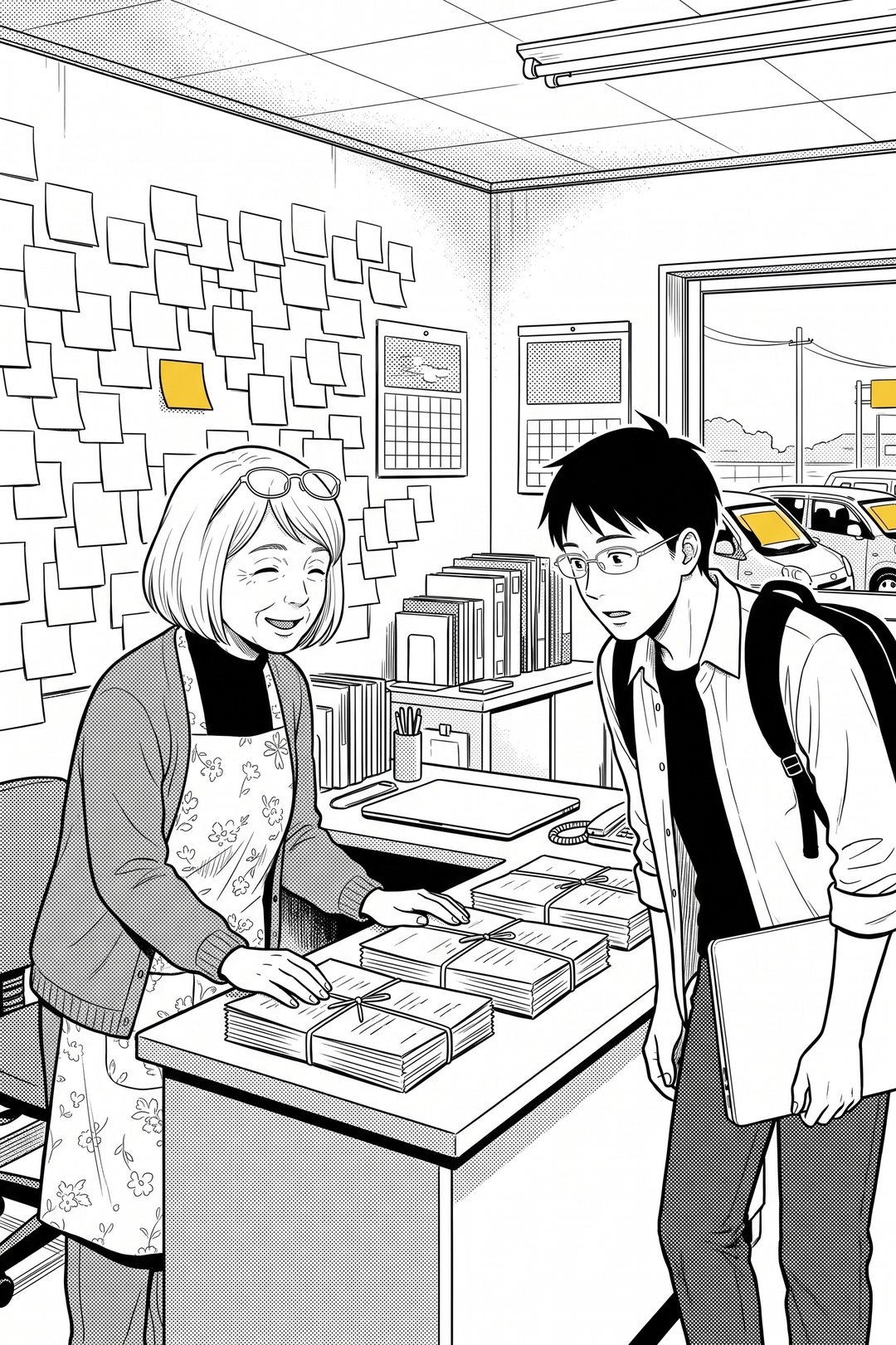 事務所の隅の机。壁一面に白い付箋(黄色は1枚だけ)。机の上に、ひもで縛った紙の束がいくつも。老眼鏡を額に上げた花柄のエプロンの60代の女性が、束をぽんとたたく。横で、ノートパソコンを抱えた眼鏡の若い男性が束をのぞく。