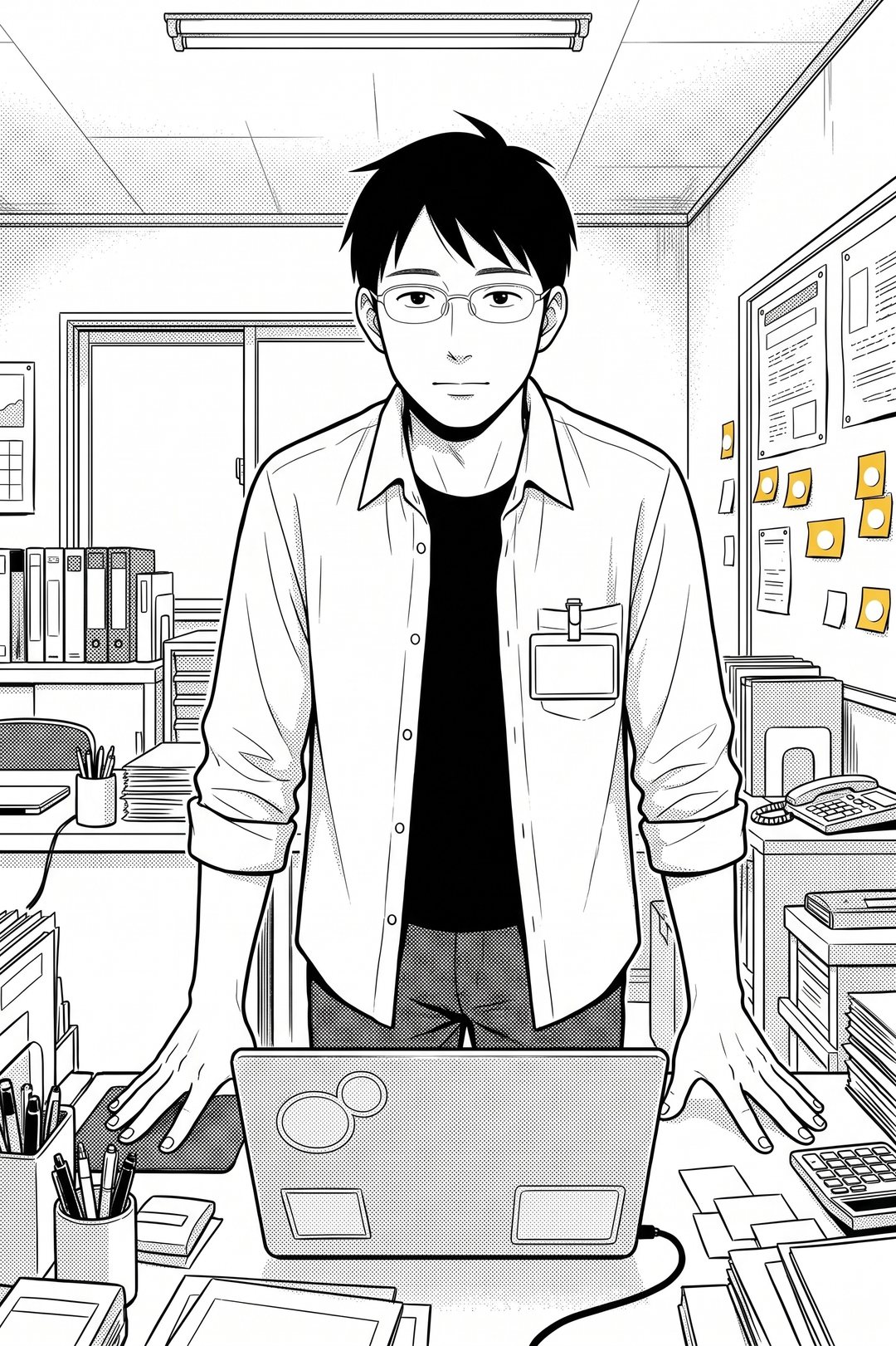 開いたノートパソコンの横に両手をついて、まっすぐ前を見る眼鏡の若い男性の寄り。後ろの壁に、シールの貼られた付箋。