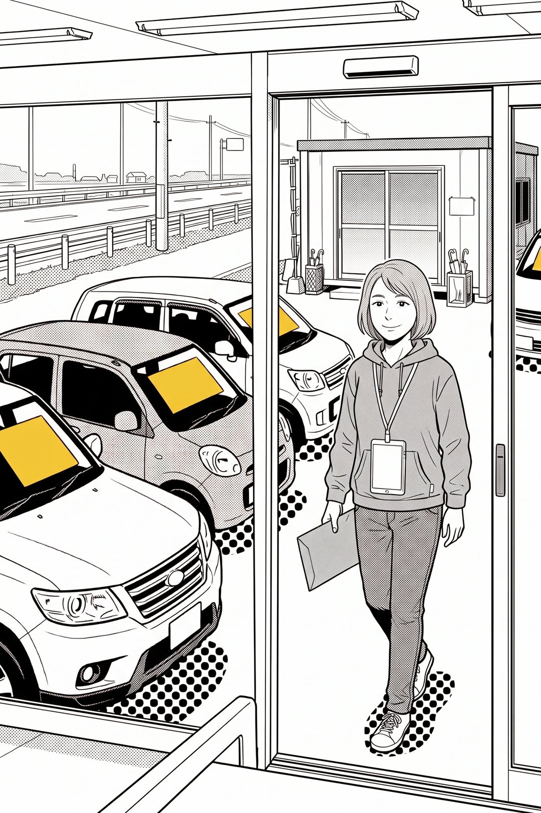 店の自動ドアが開き、首からストラップでタブレットを下げた、明るい茶のショートボブの30代の女性が、茶封筒を持って入ってくる。後ろに、国道沿いの展示場の車と、小さな事務所。