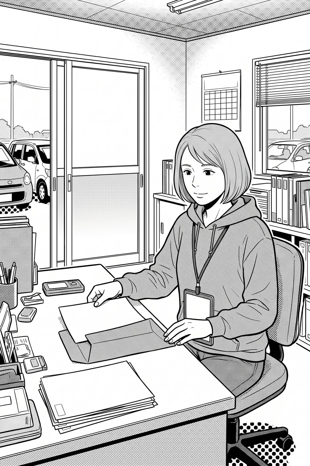 同じ女性が、机の前の椅子に腰かけ、茶封筒から請求書を1枚出して、机の上に置く。