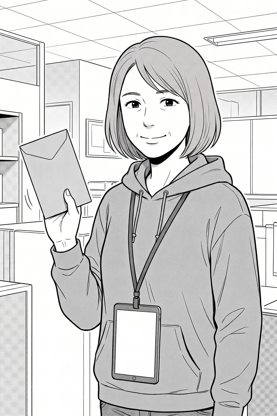 封筒を軽く振って笑う、ショートボブの女性。胸のタブレットの画面は遠くて字が読めない。