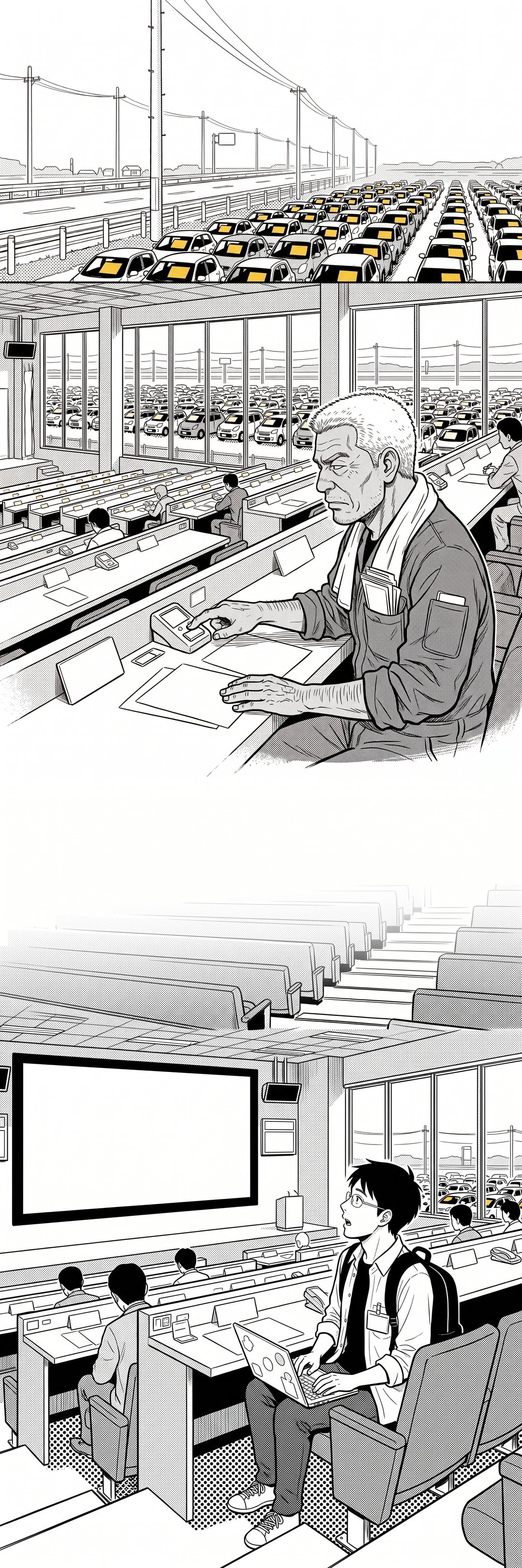 縦に長い絵。上に、朝のオートオークションの会場の外。広い駐車場に、何百台もの車が並ぶ。真ん中に、すり鉢のような会場の席で、作業着のつなぎに首にタオルの年配の男性が、手元の押しボタンを素早く押している。前の大きな画面は字が読めない。下に、隣の席で、ノートパソコンを膝に置いた眼鏡の若い男性が、口を開けて画面を見上げている。