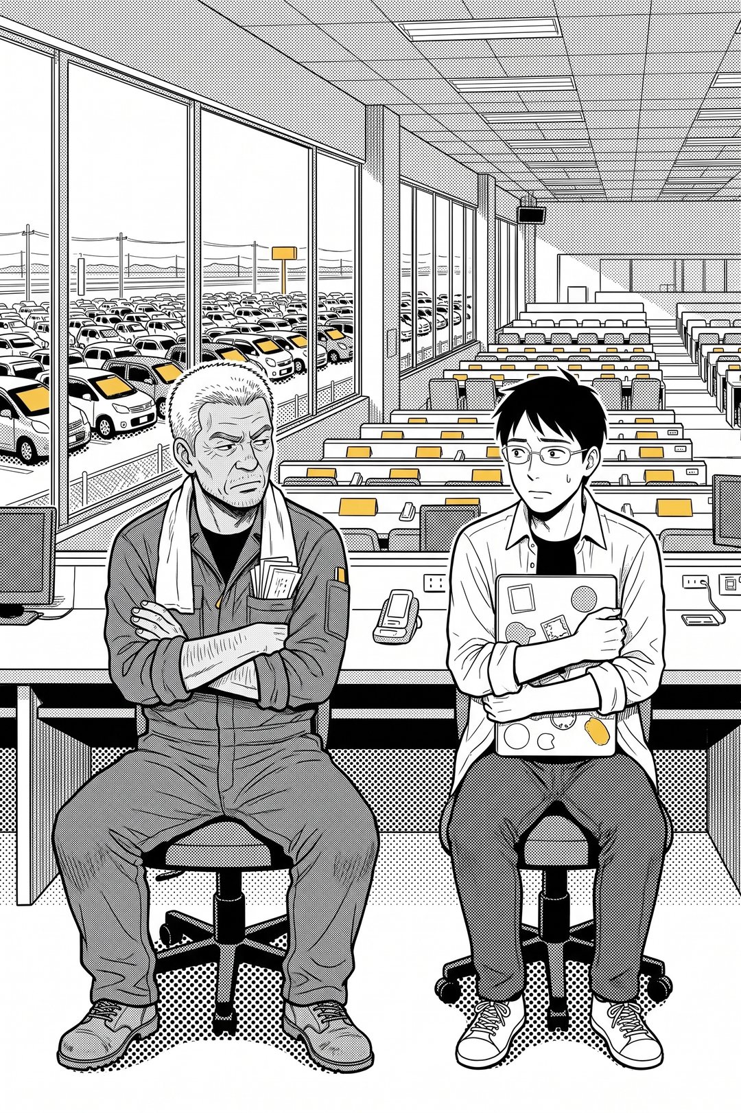 会場の席。腕を組んで前を向いたまま、横目で隣を見る作業着の年配の男性。隣で、ノートパソコンを抱えた眼鏡の若い男性が、困った顔で座っている。