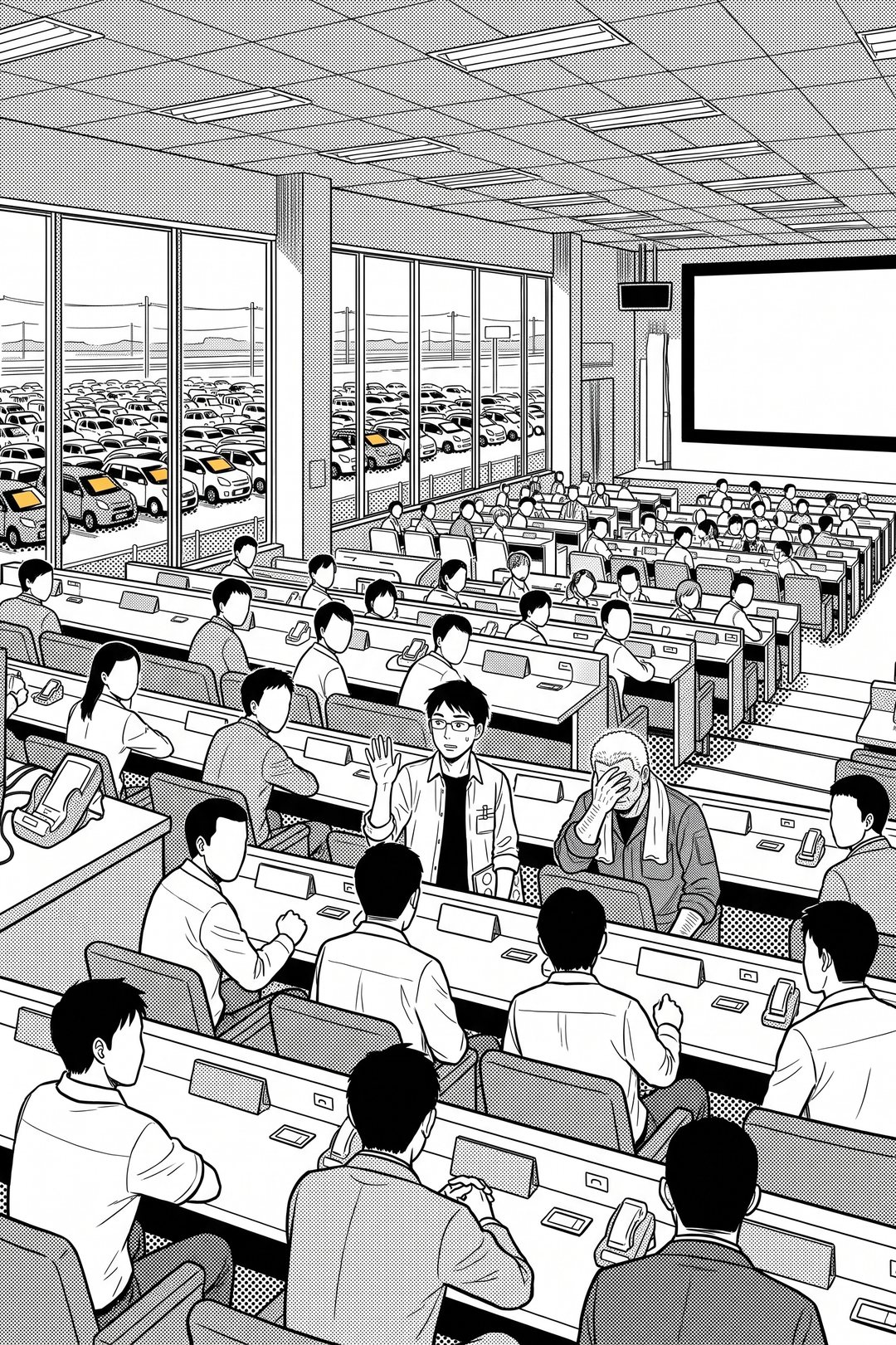 会場の席を後ろから見た広い絵。ずらりと並んだ車屋の人たちが、いっせいに後ろを振り向いている。その真ん中で、眼鏡の若い男性が気まずそうに小さく手を上げる。隣の作業着の年配の男性は顔を手で覆う。