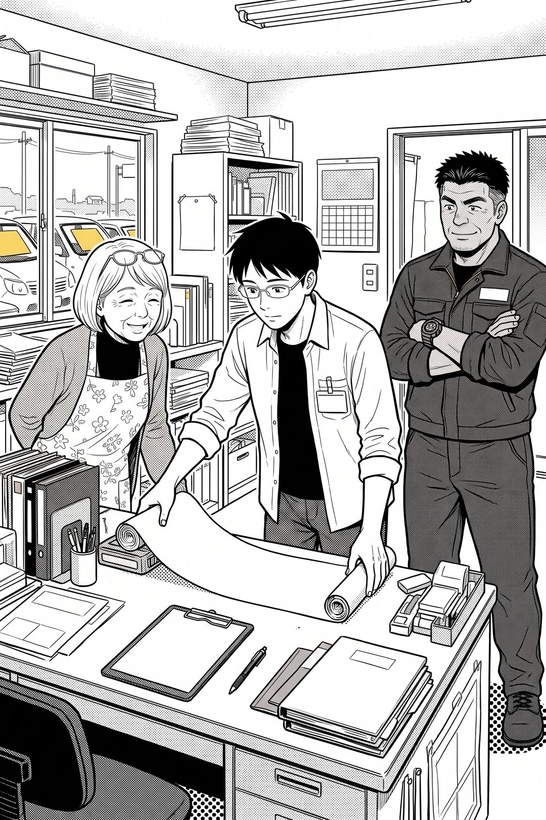 事務所の机。眼鏡の若い男性が、横に長い紙を1枚広げている。横から、老眼鏡を額に上げた花柄のエプロンの年配の女性がのぞき込み、奥で紺のジャンパーの社長が腕を組む。紙の字は読めない。