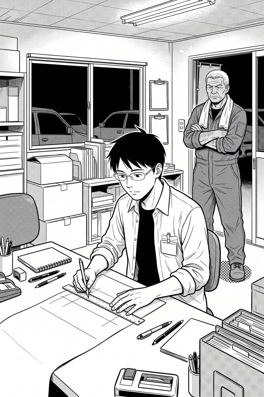 夜の事務所。白い蛍光灯の下、机いっぱいに広げた横長の計算書に、眼鏡の若い男性が定規を当てて、行と行の間に線を引いていく。戸口に、作業着の年配の男性が腕を組んで立ち、じっと見ている。窓の外は暗い。