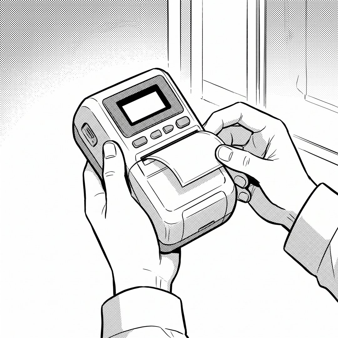 差し込みの小さな絵。手のひらのラベルプリンターから、白い小さなシールが出てくるところ。