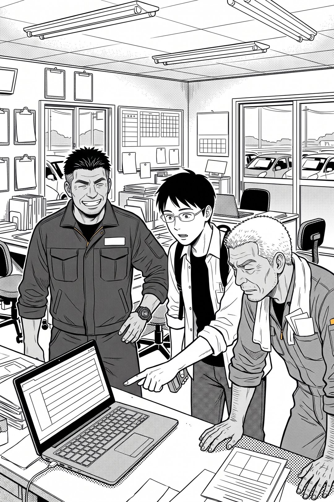 朝の事務所。開いたノートパソコンを囲んで、紺のジャンパーの社長と作業着の年配の男性がのぞき込む。眼鏡の若い男性が画面の1行を指さす。画面の字は読めない。