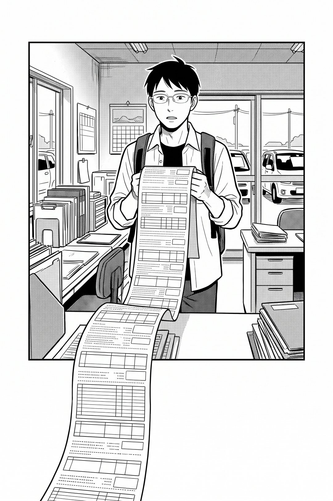 白いシールが何枚も貼られた横長の計算書を両手で持ち、まっすぐ前を見る眼鏡の若い男性。計算書の長い端が、絵の枠の下の線を越えて手前へ垂れ下がる。