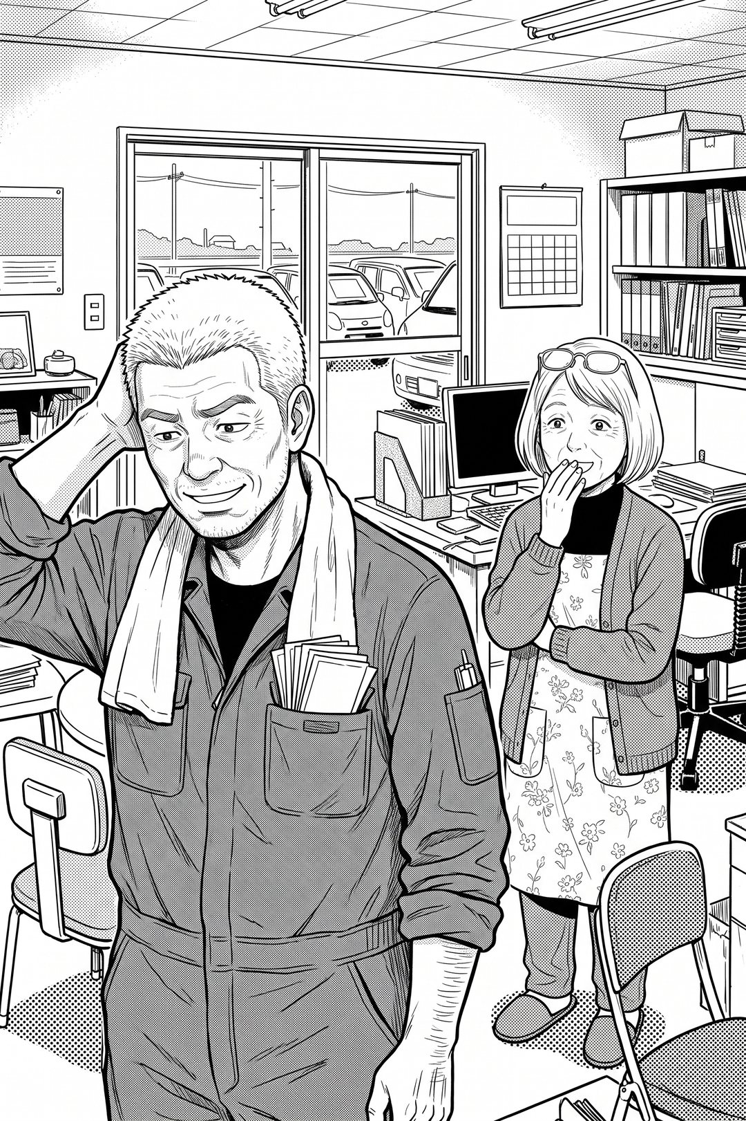 作業着の年配の男性が、横を向いて、白髪まじりの角刈りの頭をかいている。口元が少しゆるむ。後ろで、花柄のエプロンの年配の女性が口に手を当てて目を丸くしている。