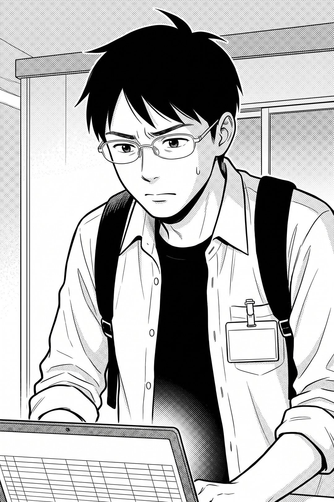 ノートパソコンの画面の光に照らされた、眼鏡の若い男性の寄り。眉を寄せて、画面の表を上から下までたどっている。