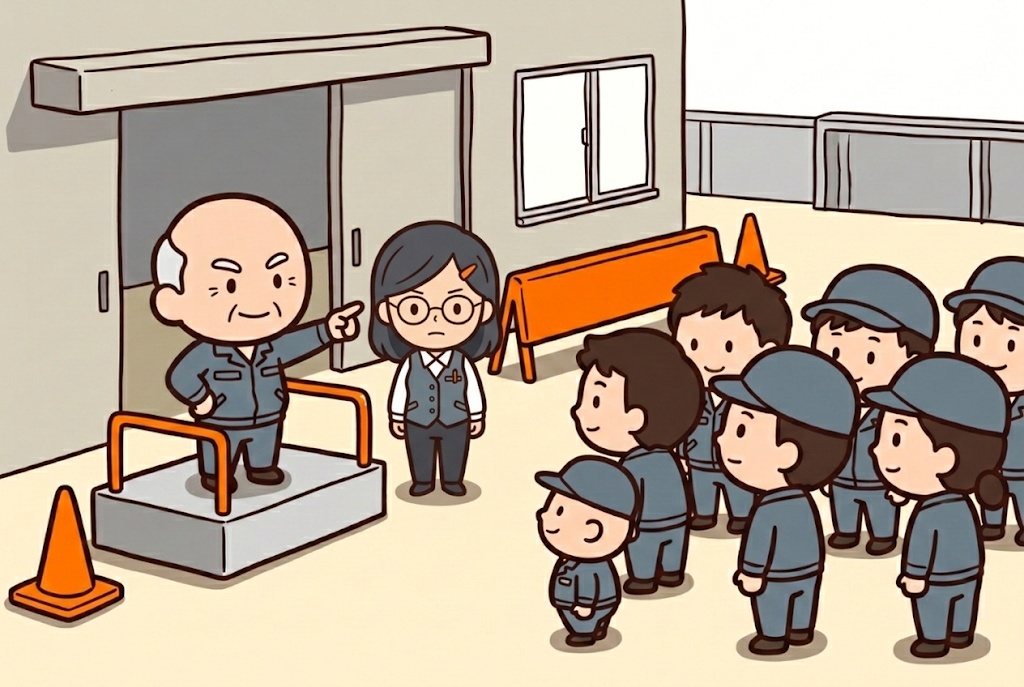 工場の前の朝の朝礼。小さな台の上の社長が、台の右横に立つ事務服の40代の女性を指さす。女性は1人だけ、こわばった顔。右には作業着と帽子の社員たちが集まり、台の方を見ている。