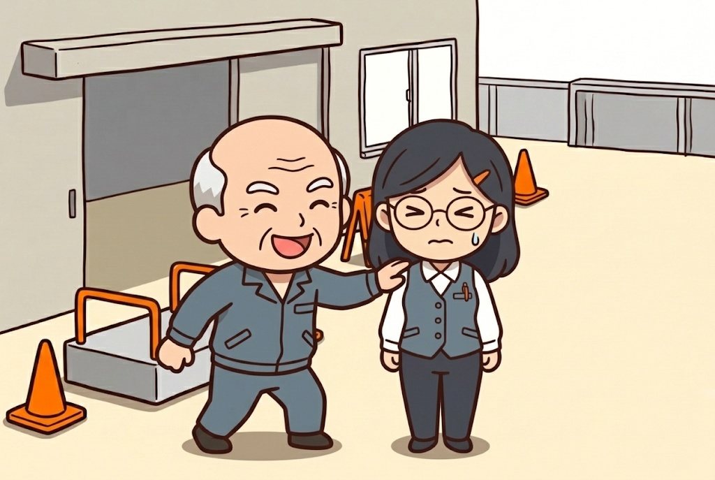 台を降りた社長が、浜野の肩を大きな手でたたき、満面の笑みで顔を寄せる(左に社長、右に浜野)。
