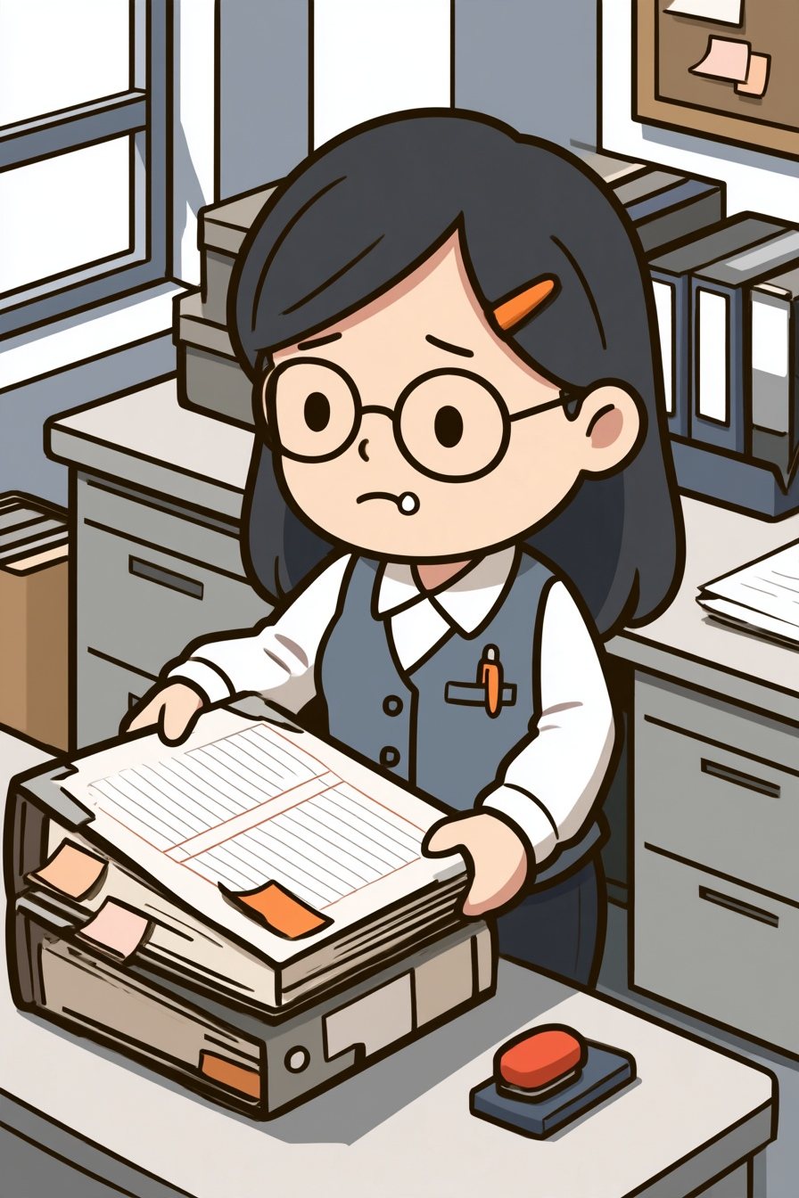 総務の机。浜野が古い分厚いファイルを机の上で開く。中は、手書きの枠の表がならぶ備品の貸し出し簿。机の上に付箋と朱肉。