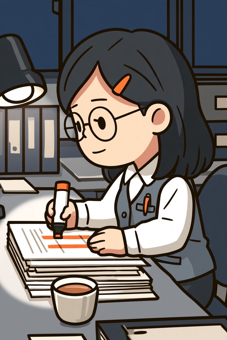 夜の総務の机。机の灯りの下で、浜野が印刷した資料の束に蛍光ペンで線を引いている。手元にはぬるくなったお茶。