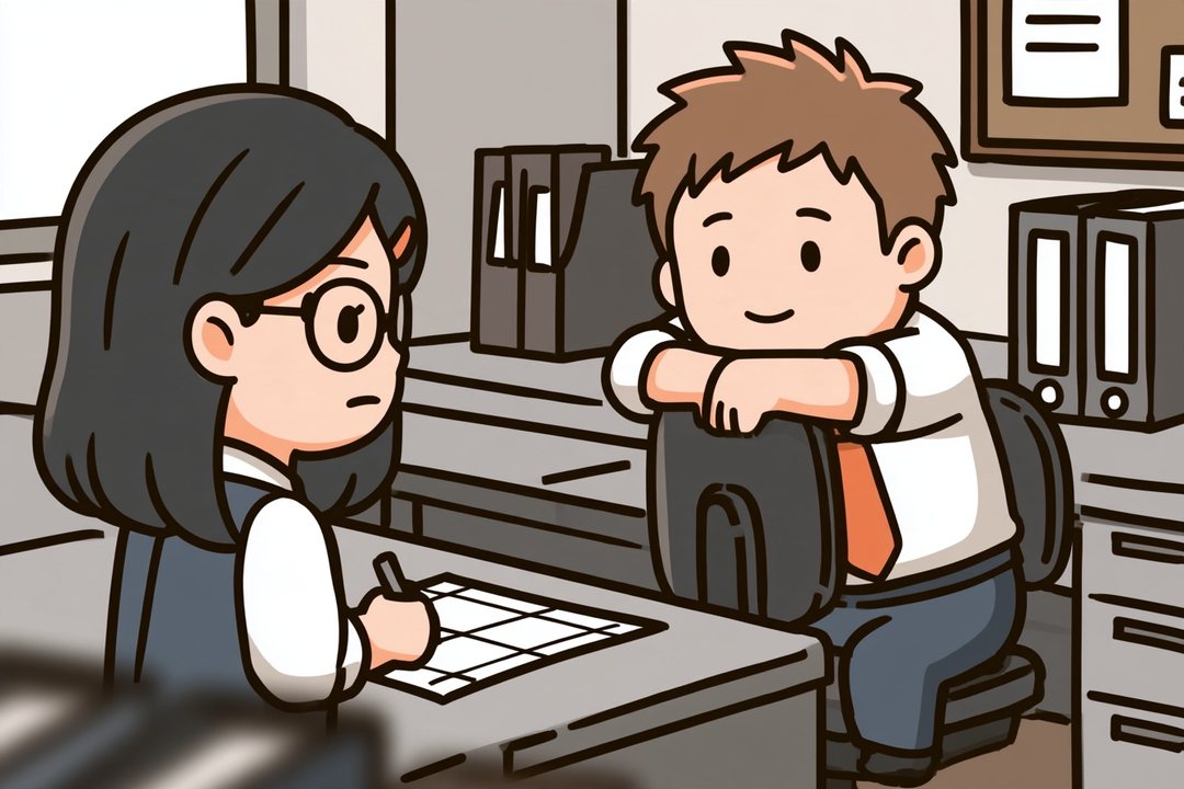 総務の机。浜野が、備品の貸し出し簿と同じ枠の表を手書きで作っている。横の椅子に、立花が背もたれを抱えて後ろ向きに座ってのぞく(左に浜野、右に立花)。