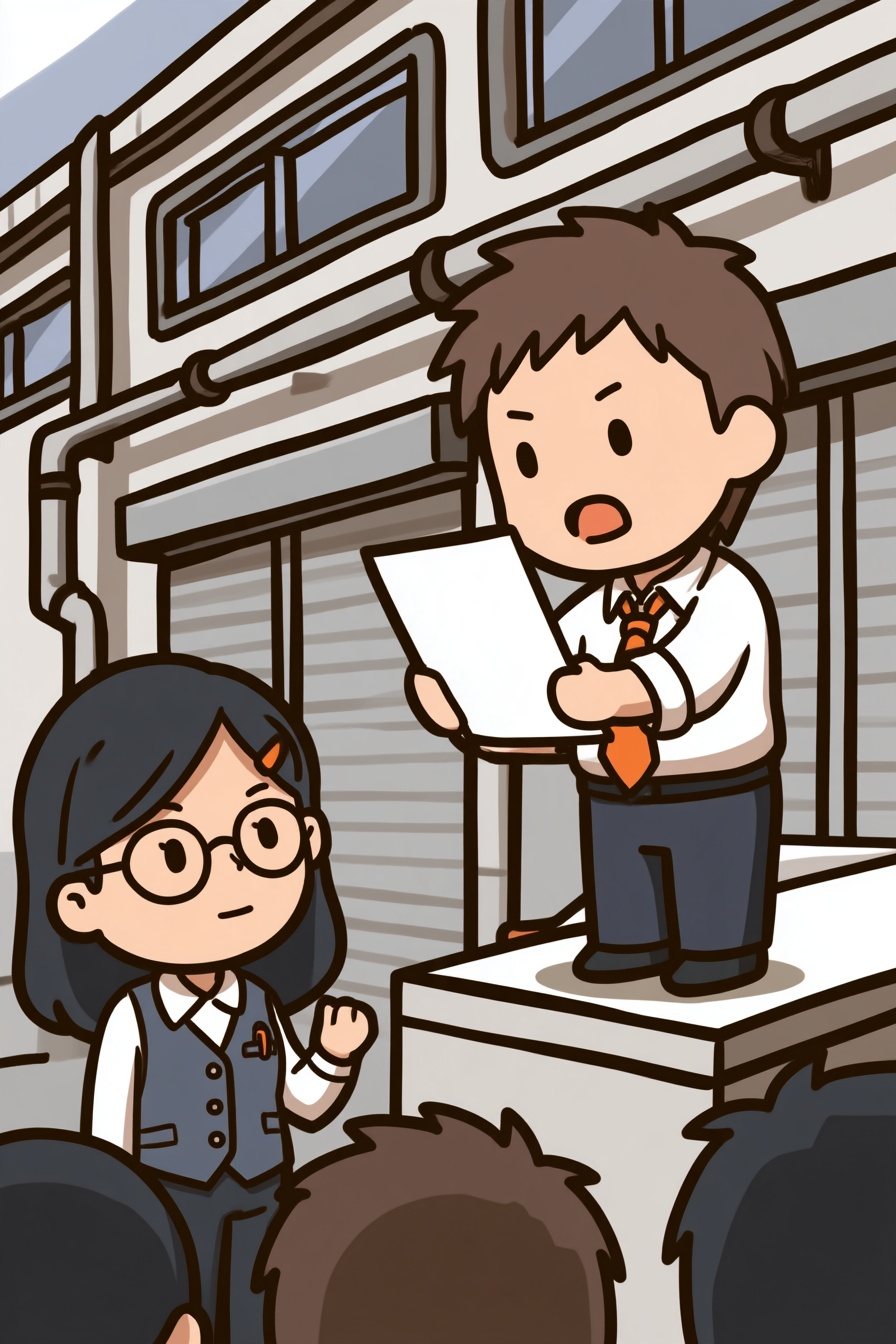 朝礼の台の上で、立花が1枚の紙を両手で持って読み上げる。台の左の下で、浜野が小さく拳を握って見上げる。手前に、聞いている社員たちの頭。