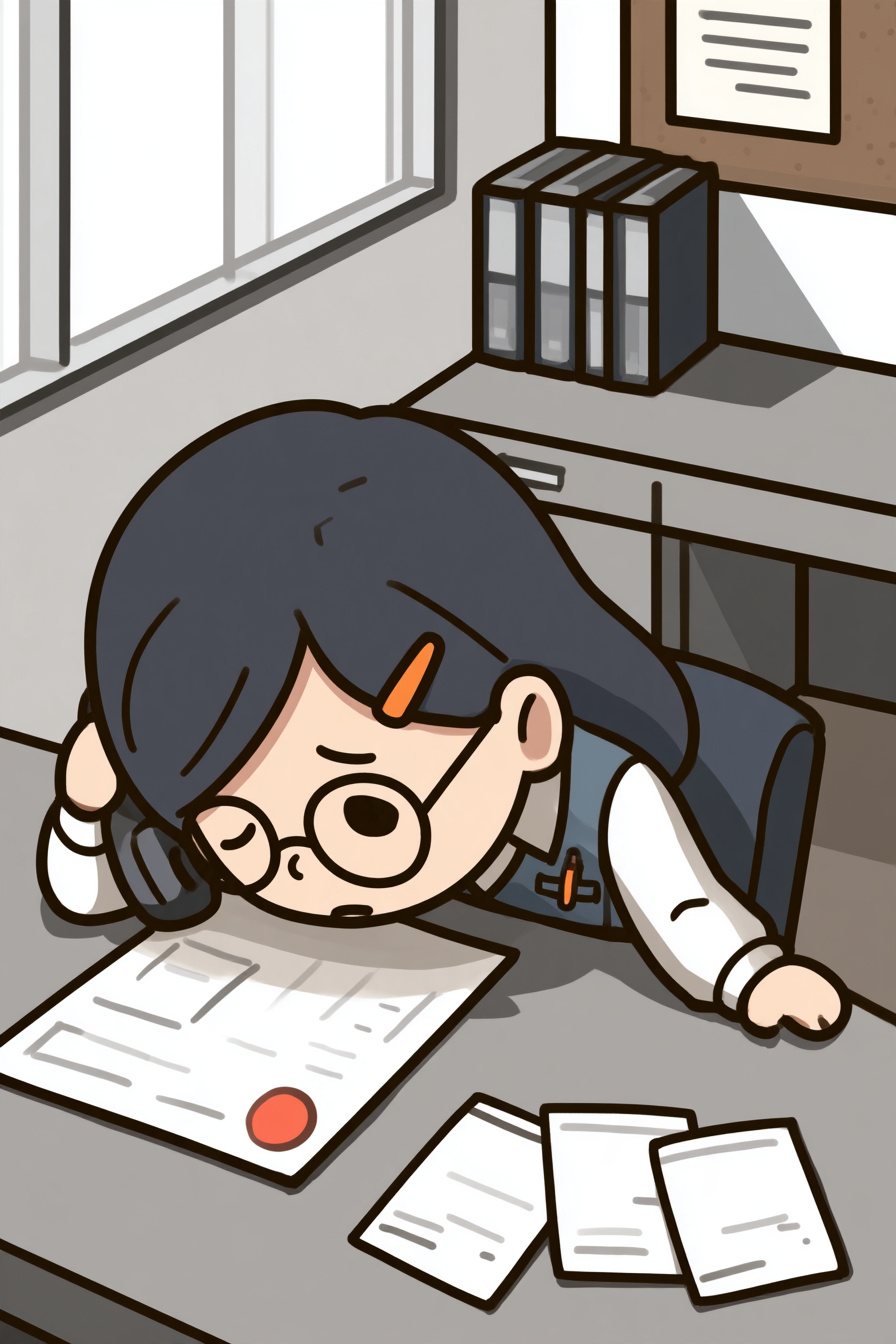 総務の机で、受話器を耳に当てた浜野が、机に頬が付きそうなほどうなだれる。机の上に、予算の欄に赤い丸のある研修の申込みの紙と、研修の会社の案内の冊子が3冊。窓からの白い昼の光。上から見下ろす角度。