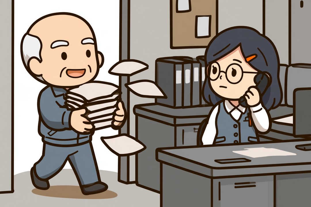 総務の入り口から、社長が大股で入ってくる。両腕に、冊子とチラシの束を山ほど抱えて、何枚かがこぼれ落ちる（字は読めない）。右の机で、浜野が受話器を持ったまま振り向く。目の高さの角度。