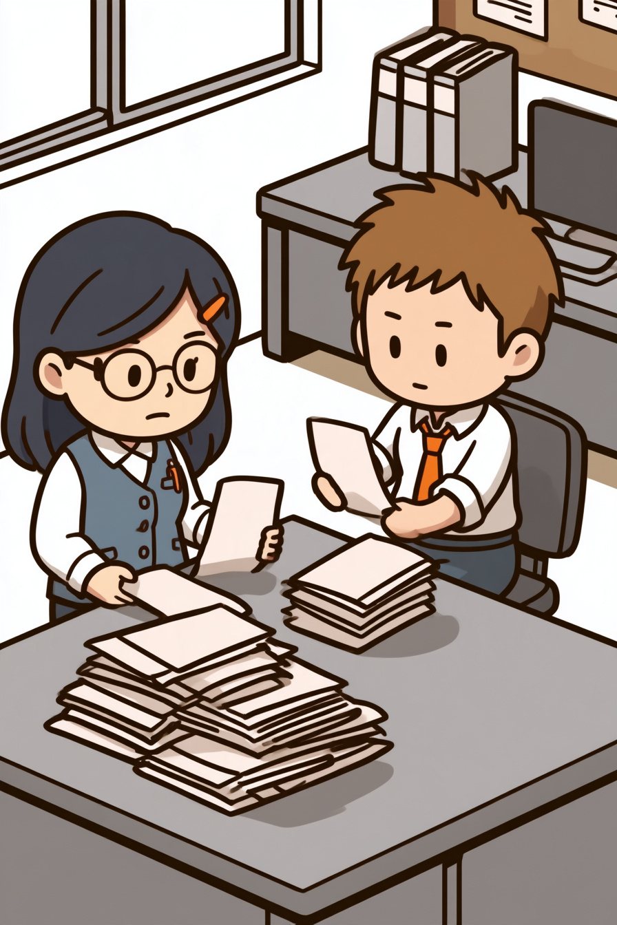 総務の机の上で崩れた冊子とチラシの山。左の浜野と、右の椅子に座った立花が、1冊ずつ手に取って見る。斜め上から見下ろす。